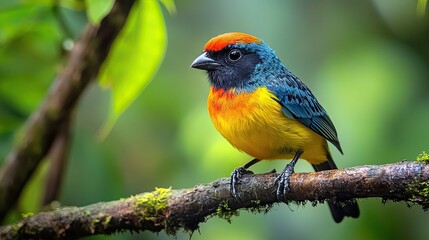 Colorful tropical birds perched on a tree branch in the lush rainforest, showcasing biodiversity 