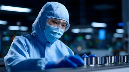 A technician in a full personal protective equipment PPE suit carefully disinfecting and sterilizing an electronics manufacturing facility.