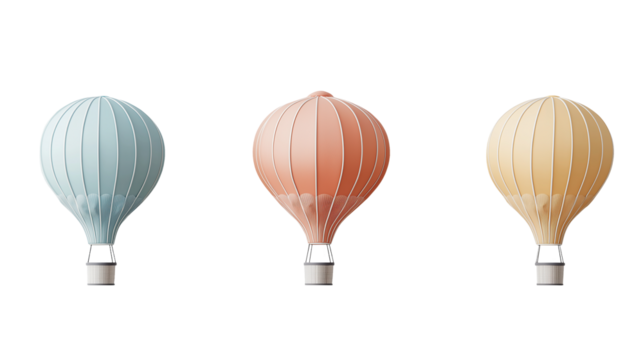 Elegant Pastel Hot Air Balloons Design Element for Travel Branding on white and transparent Background