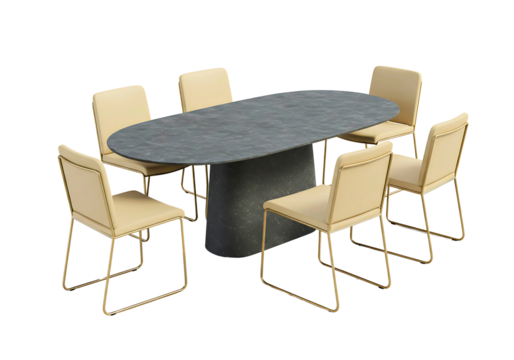 Modern oval dining table with six beige chairs isolated on transparent background