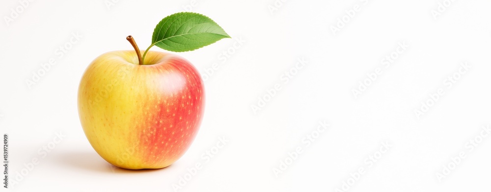 Poster fresh red and yellow apple with green leaf on white background with copy space for food design or ad