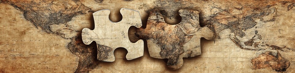 Two puzzle pieces placed on a vintage world map creating a sense of global connection and unity
