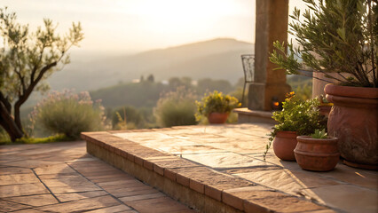 Idyllic Tuscan Terrace at Sunset with Potted Plants and Rolling Hills for Background
