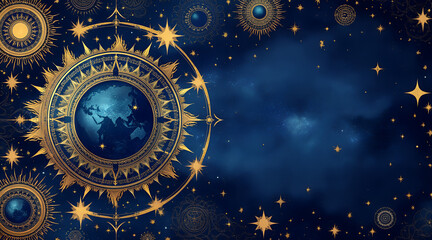AIllustration bstract celestial background with stars, sun motifs, and swirling cosmic patterns in indigo, silver, and gold — with copy space