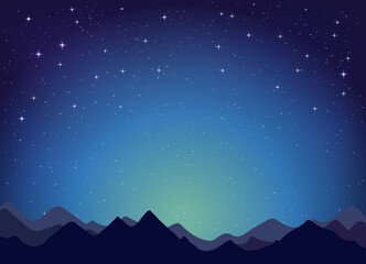 clear, starry night with bright, twinkling stars against a rich dark blue sky background, mountain silhouettes