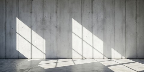 Obraz premium Minimalist architecture emphasizes raw textures, with concrete walls and floor illuminated by light casting linear shadows