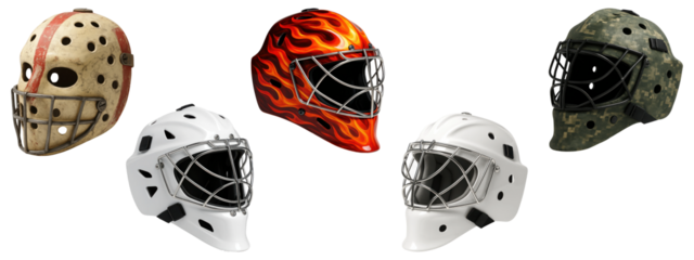 Collection of hockey goalie masks with unique designs isolated on transparent background