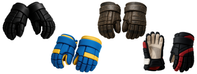 Set of ice hockey gloves in different colors and designs isolated on transparent background