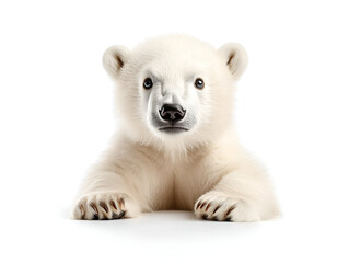 Fototapeta premium A curious polar bear cub peering over a white sign.