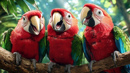 Colorful Macaws Singing Together in Lush Rainforest - Wildlife Photography - Vibrant Nature Scene
