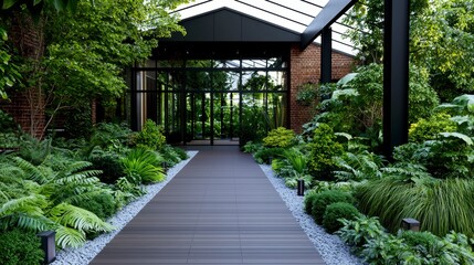 Lush Greenery Entrance Modern Architectural Design with Brick and Glass