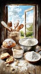 Baking Session, Flour and Ingredients, Rustic Kitchen, Photo, Bright Environment, Close-Up View, Culinary Art