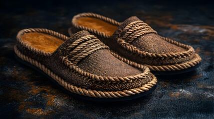 Fototapeta premium Stylish Brown Rope-Detailed Slippers: A Realistic Product Photo