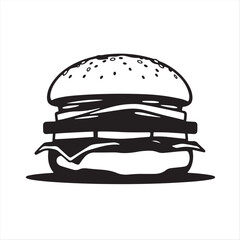 Fototapeta premium Vector style silhouette of a burger in black and white, on a white background. The style is futuristic sci-fi, classic and elegant.