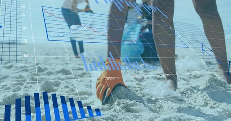 Camera panning starting data overlay, gloved volunteer scooping litter into bag for beach cleanup - Powered by Adobe