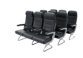 Modern airplane seats row isolated on transparent background