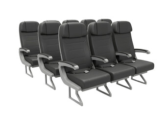 Five modern airplane seats isolated on transparent background