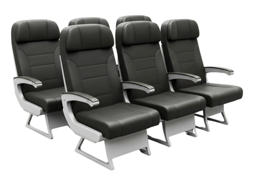 Six airplane seats row isolated on transparent background