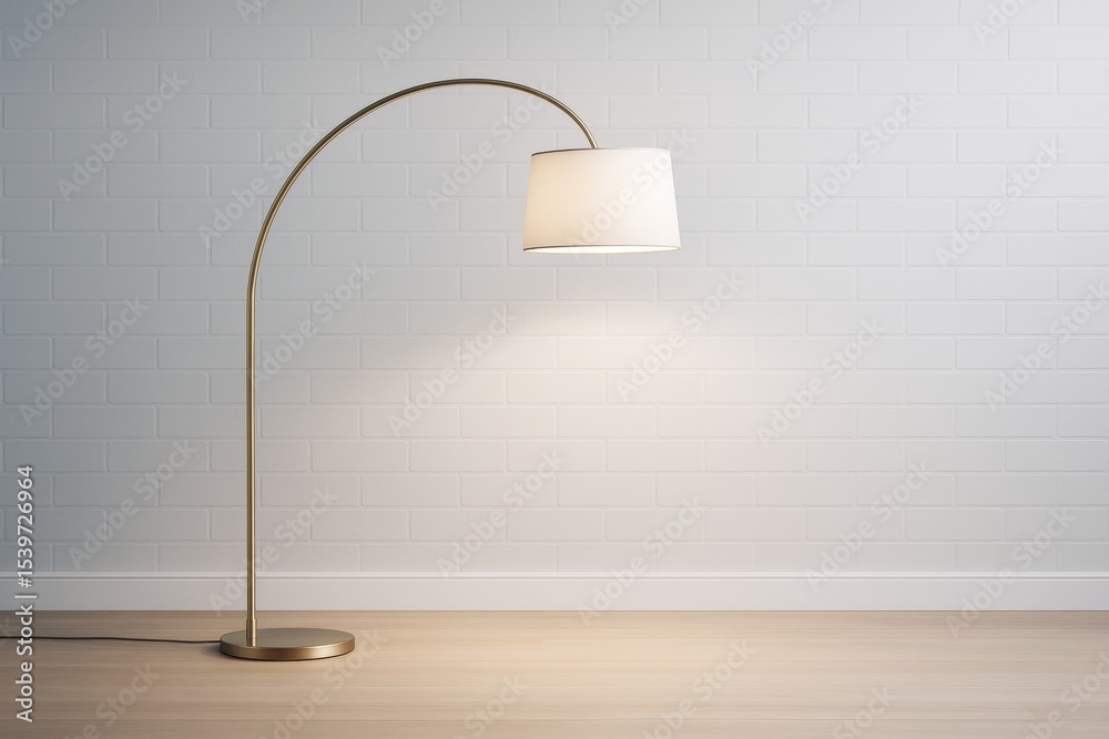 Poster modern floor lamp with curved metal stand and fabric lampshade casting warm light on white brick wal