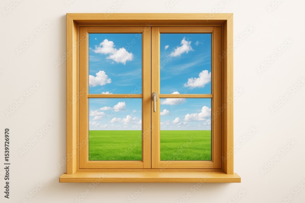 Poster wooden frame window on white wall with view of grassy field and blue sky with clouds, minimalistic c