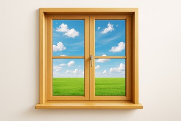 Wooden frame window on white wall with view of grassy field and blue sky with clouds, minimalistic clean background concept illustration.