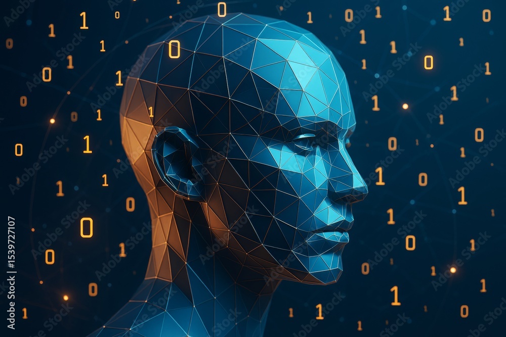 Poster Futuristic digital human head with polygonal mesh structure and binary code elements on a tech-style background illustrating AI concept.