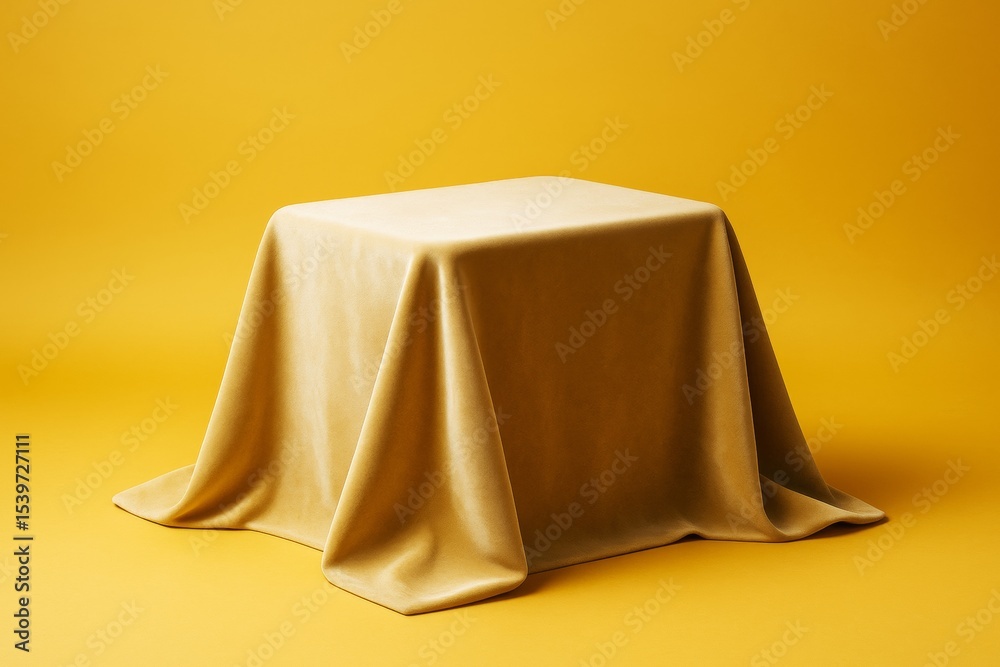 Poster Yellow fabric-draped cube on seamless yellow background with soft shadows and smooth lighting in a minimal abstract composition style.