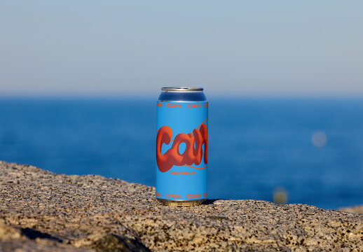 Can on Rocky Shore by Ocean. PSD mockup template ready for your logo design