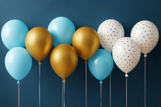 Glossy blue, gold, and white polka dot balloons floating against a dark blue wall background, arranged in celebration party composition.
