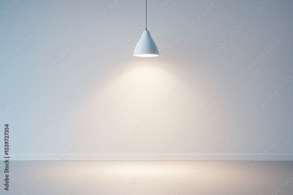 Poster Minimalistic interior with a single hanging ceiling lamp casting light on a blank wall in a clean, modern setting. Ai generative.