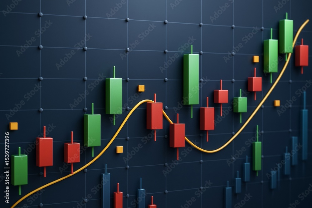 Poster colorful candlestick chart with market trends and indicators on dark grid background, modern financi