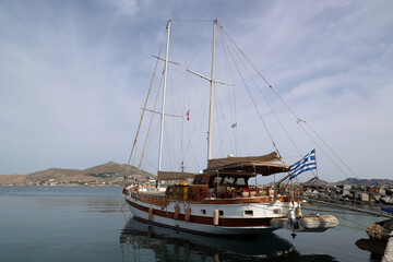 Sailing ship in the port of Naoussa on the Cyclades island of Paros- Greece 