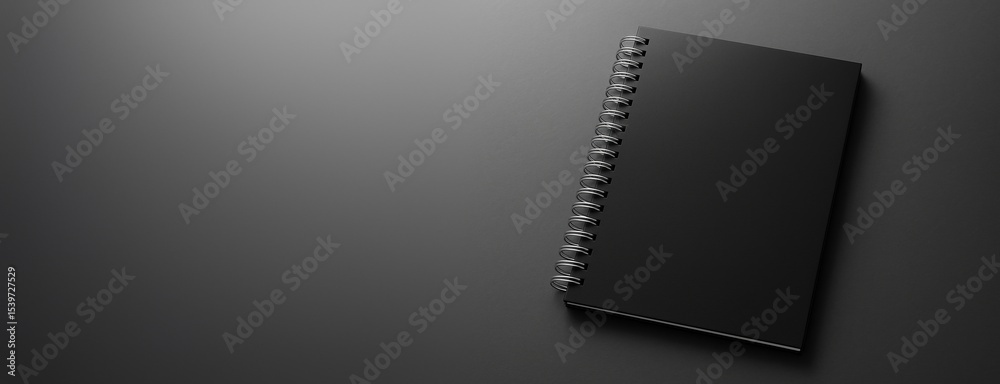 Poster black spiral notebook mockup on dark gradient background with clean layout and copyspace for design,