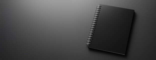 Black spiral notebook mockup on dark gradient background with clean layout and copyspace for design, template, banner, or advertising use.