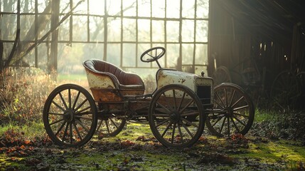 Fototapeta premium A weathered antique automobile, its paint chipped and faded, sits within a sunlit rustic barn. The vehicle displays worn wooden wheels and a faded leather seat. Overgrown vegetation surrounds it