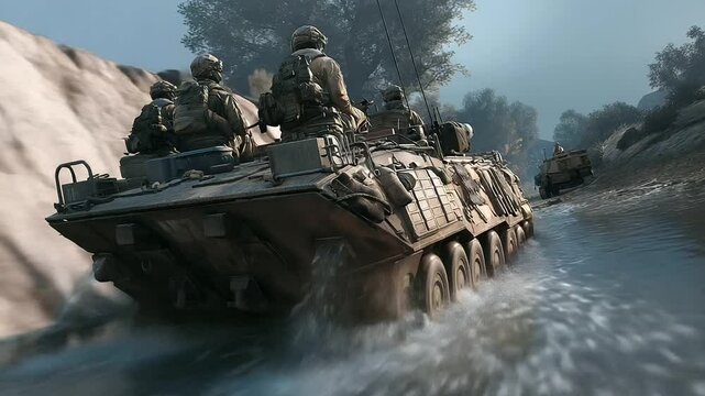 Armored personnel carrier crossing river with soldiers onboard