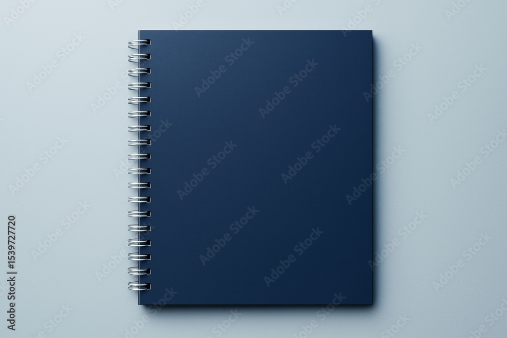 Poster Top view of blank dark blue spiral notebook on light background with clean design and minimal layout for branding or advertising concept.