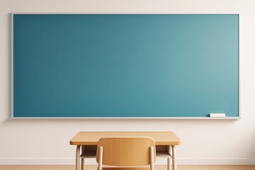 Empty green classroom chalkboard with wooden desk and chair on light wall background, ideal for education or back-to-school concept mockup scene.