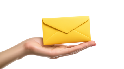 Yellow Envelope in Hand Communication Concept  Marketing Message Delivery on white and transparent Background