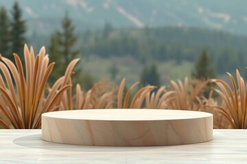 Simple round podium set against a dark natural background, ideal for product presentations, elegant displays, and minimalistic design concepts with an organic atmosphere