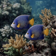 Obraz premium Two Blue and Gold Angelfish in Vibrant Coral Reef