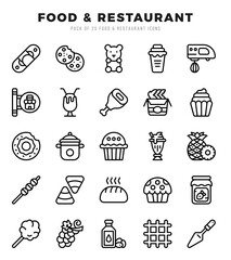 Set of 25 Food and Restaurant Lineal Icons Pack.