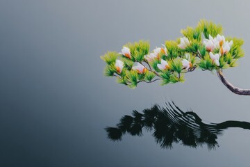 White Magnolia Blossoms on Branch Reflecting in Still Water