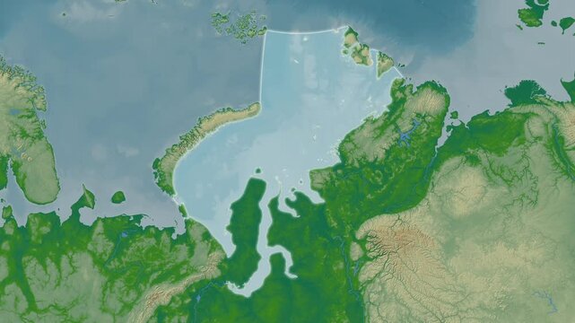 Kara Sea. Close-up on a colored elevation map
