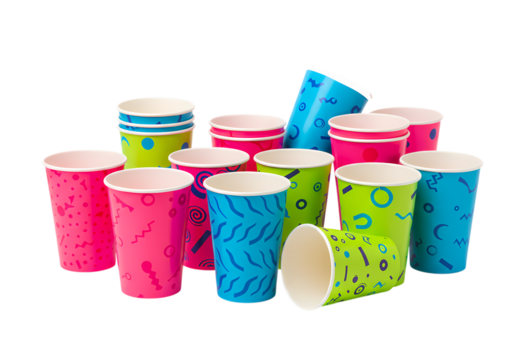 Vibrant 90s Retro Paper Cups A Colorful Collection of Disposable Partyware isolated on transparent baackground