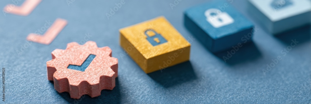 Aufkleber checklist with paper cutout style layered tech symbols for security review process in a digital envi