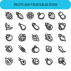 Icons of various fruits and vegetables arranged in a grid pattern. Each icon is depicted in a simple, monochromatic line art style.