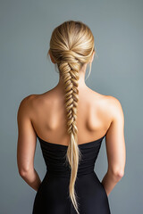 A woman in a black dress with a fishtail braid in her hair
