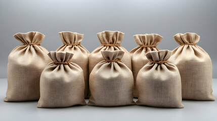 Seven Beige Burlap Money Bags 3D Illustration