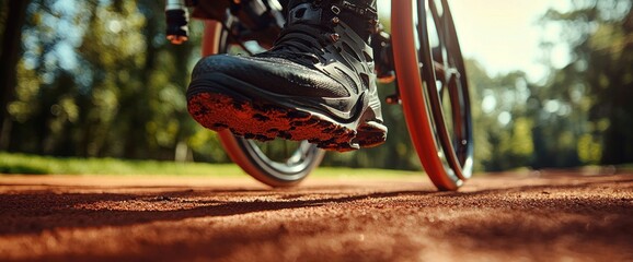 Naklejka premium Close-up of a person's foot in a sturdy hiking boot propelling a wheelchair along a sun-drenched reddish-brown path, amidst a blurred background of lush green trees